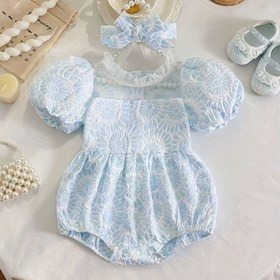 Resim 2 adet Set İçerir: 1 Zarif Çiçek Desenli Volan Yaka Romper ile Puf Kollu ve 1 Eşleşen Bebek Kızları İçin Baş Bandı, Bebek Giyim, Dış Mekanlar İçin 