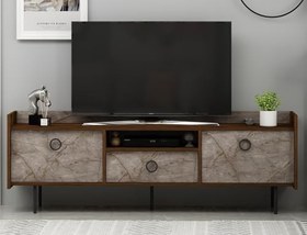 Resim T0015 Lidya Kapaklı, Açık Raflı Tv Sehpası, Gordion Mermer/Ceviz 
