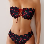 Resim Kadınlar İçin Seksi Askılı Bikini Seti, Yüksek Esnek Polyester Kumaş ile Dantel Detayı, Meyve Desenli Mayo, %85 Polyester %15 Elastan 