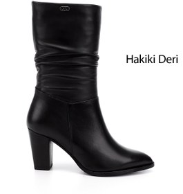 Resim GÖNDERİ(R) Kadın / Kız Siyah Sivri Burun Körüklü Kalın Topuklu Hakiki Deri Çizme 