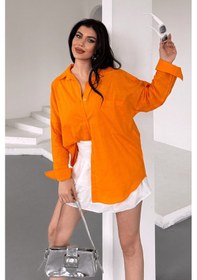 Resim Paw Garage Kadın Marlot Turuncu Oversize Keten Gömlek, 2025 Summer Collection Turuncu 
