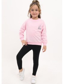 Resim Toontoy Kids Toontoy Kız Çocuk 2'li Takım Baskılı Bisiklet Yaka Düşük Omuz Sweatshirt & Basic Düz Tayt Açık Pembe 