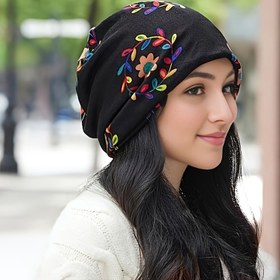Resim Kadınlar için Hafif Esnek Çiçek Desenli Beanie Şapka & Boyun Isıtıcı - Tüm Sezonluk Dönüştürülebilir Esnek Uyum, Dış Mekan Sporları, Noel, Günlük Kullanım, Kışlık Beanie Şapka, Festivaller için Baş Giyim, Dekoratif Kulak Muffleri, Rahat Başlık 