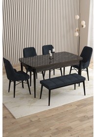 Resim Mazaka Serisi 80x132 Açılabilir Mdf Siyah Mermer Desen Masa Takımı 4 Cappucino Sandalye 1 Bench Antrasit 