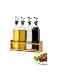 Resim Cam Zeytinyağı Ve Sirke Şişesi Seti Doğa Ahşap Tutucu 250ml Sızdırmaz Kapaklı Sos Yağdanlık Set Standlı 4'lü Set Ahşap 