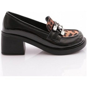 Resim Dgn 2103 Taş Tokali Loafer Kadin Ayakkabi Siyah Rugan Leopar 