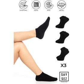 Resim Saysez Bambu Kadın Patik Düz Siyah Çorap Dikişsiz Premium 3'lü Paket Renkli 
