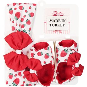 Resim Mai Perla Fiyonklu Çilek Desenli Yeni Doğan Patik Ve Bandana Seti 