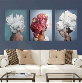 Resim Kanvas Tablo Çiçekli Kızlar Kırmızılı 3 Parça Set 85 