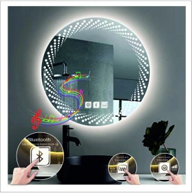 Resim Dnr-Mirror55 Cm Beyaz Ledli Tasarım Kumlamalı Dokunmatik Bluetoothlu Buğu Önleyicili Banyo Aynası Makyaj Ayna 