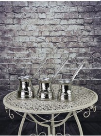 Resim Üçlü Geniş Taban Nikelli Kalın Bakır Sütlük Cezve 