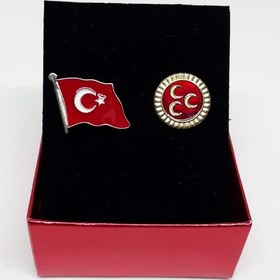 Resim İkili Türk Bayrağı Ve Üç Hilal Yuvarlak/küçük Yaka Rozeti 