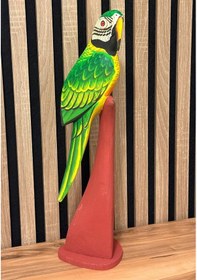 Resim El Yapımı Ahşap Papağan Heykeli Kütük Üzeri El Oyması & El Boyaması Dekor 45 Cm Özel Üretim Myk Hediye Ve Sanat 