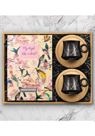 Resim Kişiye Özel Kuş Motifli Defter & 2'li Bambu Altlıklı Mermer Desen Siyah Türk Kahve Fincanı Hediye Seti 
