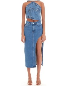 Resim 2094 Kadın Likrasız Yandan Yırtmaçlı Jeans Kot Denim Etek Mavi 