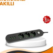 Resim 2 Metre Kablolu 3 USB Portlu Anahtarlı Üçlü Priz 