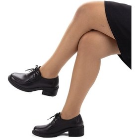 Resim Twoegoist Kadın Hakiki Deri Topuklu Günlük Rahat Bağcıklı Oxford Ayakkabı Siyah 