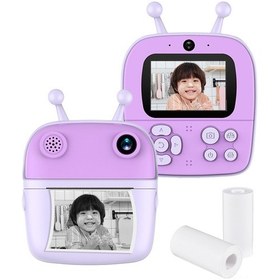 Resim Geeroyoo Çocuklar İçin Anında Fotoğraf Basan 1080p Çift Kameralı Mor Renkli Q5 Dijital Fotoğraf Makinesi 