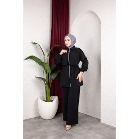 Resim Weak Blue Kadın Tesettür Takım Çift Kat Görünümlü Fermuarlı Tunik Bol Paça Pantolon Moda Kumaş Ikili Takım 