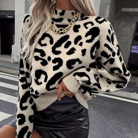 Resim Kadınlar için Leopar Desenli Yüksek Boyunlu Kazak - Düşük Omuz Uzun Kollu Üst, Orta Esneklik Sonbahar Kış Şık Rahat Giyim, Zarif Tarz, Konforlu Kalıp, Şık Örgü Giysiler 