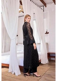 Resim Arias Closet Uzun Kollu Dantelli Ve Kuşaklı Sabahlık Siyah 