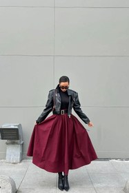 Resim Bordo Poplin Beli Lastikli Uzun Etek - Bordo / M 