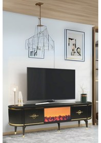 Resim Maya Şömineli Tv Sehpası Siyah Gold 2 Kapaklı 1 Şömineli Oval Tasarım 180x40x50 Cm 
