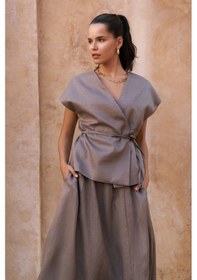 Resim Mai Collection Mai Studios Co. Fiametta Salaş Füme Keten Yelek Etek Takım Füme 