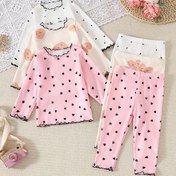 Resim 3'lü Şirin Bebek Kız Kıyafetleri, Uzun Kollu Kalp Desenli Üst & Noktalı Pantolon, Örgü Polyester, Normal Beden, Ruffle Detaylar İlkbahar/Sonbahar Dış Mekan Aktiviteleri için 