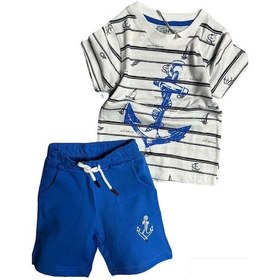 Resim Riccotarz Erkek Bebek Çapa Baskılı Kısa Kol Çizgili Tişört Mavi Şortlu Takım Mavi 