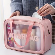 Resim 1 adet Şık Pembe Makyaj Çantası "WASHBAG" Tasarımı, Şeffaf Taşınabilir Tuvalet Organizatörü, Kulp ile, Dayanıklı Fermuar Kapatma, Hafif Seyahat Kozmetik Çantası, Cilt Bakımı ve Güzellik Temel Ürünleri için, Seyahat Kozmetik Çantası, Eğlenceli Tasarım, Sağlam Yapı 