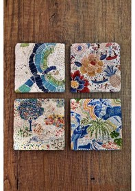 Resim Doğal Taş Bardak Altlığı 4'lü Set 10x10x1 Cm - Desen Uv Baskılı Srone Coasters Çok Renkli 