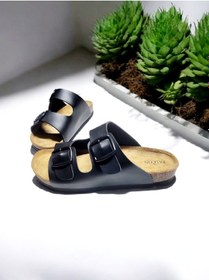 Resim Erkek Çift Toka Ayarlanabilir Falson Mantar Taban Ev Ve Dışarı Terliği Siyah 