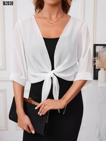 Resim Kadın truvakar kol önden bağlamalı kısa şifon bolero ceket 