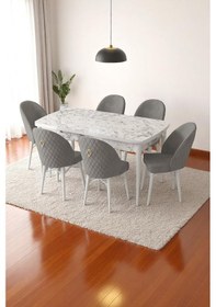 Resim Mia Serisi Açılabilir Mutfak Masası Takımı Beyaz Mermer Desen Masa 6 Sandalye, Yemek Masası Gri 