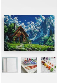 Resim Sayılarla Boyama Çerçeveli Hobi Seti Numaralı Tuval Fırça Boya Dahil Kasnaklı 40x50 Cm Dağ Evi 