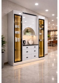 Resim Lüks High Gloss Mutfak Dolabı & Kahve Köşesi - %100 Mdf Gövde, Led Aydınlatmalı, 6 Çekmeceli 190x230 Parlak Deluxe Gri 