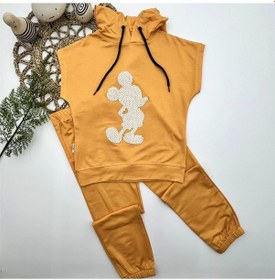 Resim 3-4-5 Yaş Kapşonlu Payetli Mickey Desenli Kısa Kol 2li Kız Erkek Çocuk Takımı Sarı Sari 