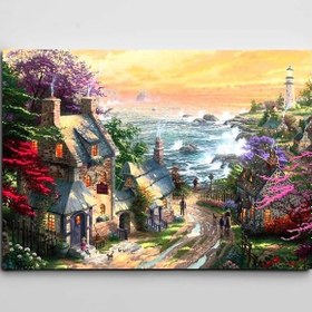 Resim Renkli Ağaçlar ve Deniz Feneri Kanvas Tablo 35 x 50 CM 