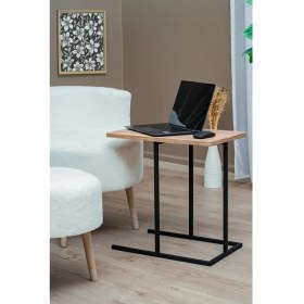 Resim Modern Koltuk Yanı C Sehpa – Metal Gövdeli, Su Geçirmez Ahşap Raflı Laptop & Kahve Masası 