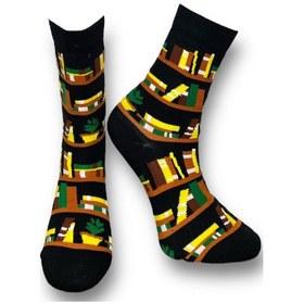 Resim Me-vo Tekli Siyah Renkli Unisex Esnek Nem Alabilen Pamuklu Kütüphane Desenli Soket Çorap Siyah 