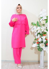 Resim Deryam Tekstil Kadın Sofya Keten Tunik Pantolon Takımı Pembe 42 Beden Pembe 