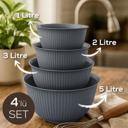 Resim 4'lü Mega Boy Plastik Karıştırma Ve Saklama Kase Seti | 1l, 2l, 3l, 5l Antrasit 