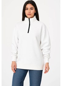 Resim Kadın Üç İplik Dık Yaka Yarım Fermuarlı Sweatshirt - Beyaz Çok Renkli 
