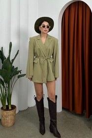 Resim msm fashion Kadın Oversize Blazer Ceket Açık Haki Kuşaklı Omuz Detaylı 