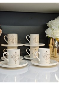 Resim Shn Hayat Ağacı Desenli 6 Kişilik Kahve Fincan Takımı Beyaz 