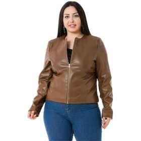 Resim Büyük Beden Fermuar Detaylı Astarlı Kahverengi Kısa Deri Mont Kahverengi 