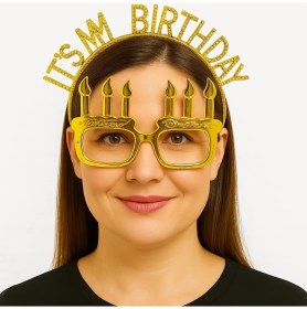 Resim İT39S My Birthday Yazılı Taç ve Mum Şekilli Gözlük Seti Altın Renk 
