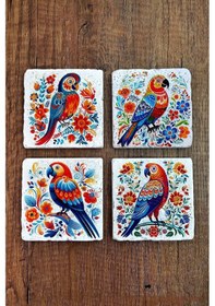 Resim Doğal Taş Bardak Altlığı 4'lü Set 10x10x1 Cm Renkli Papağan Desenleri -stone Coasters Çok Renkli 