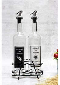 Resim Şeffaf 750 Ml Siyah Beyaz Etiketli Siyah Standlı Akıtıcılı Yağlık 